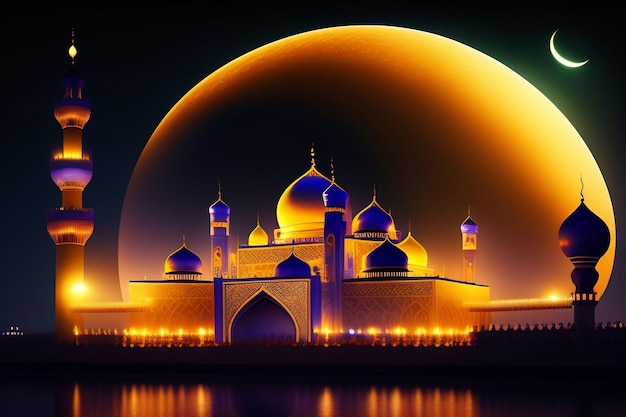 Een moskee in de nacht met een volle maan erachter