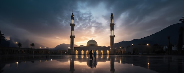 Een moskee in de schemering
