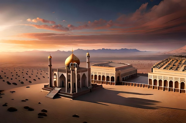 Een moskee in de woestijn met bergen op de achtergrond