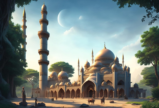 Een moskee in een park met een hemelachtergrond ai_generated