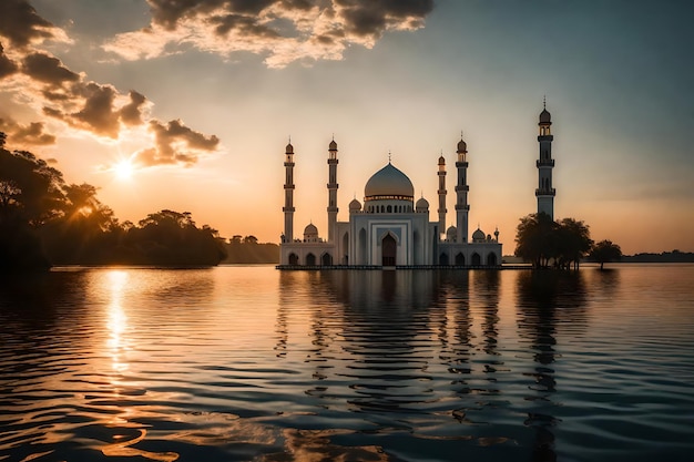 Een moskee in het midden van een meer met de zon ondergaan achter het