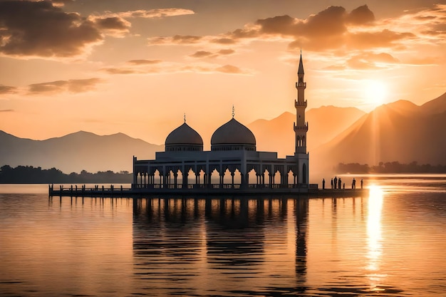 Een moskee in het midden van een meer met de zon ondergaan achter het