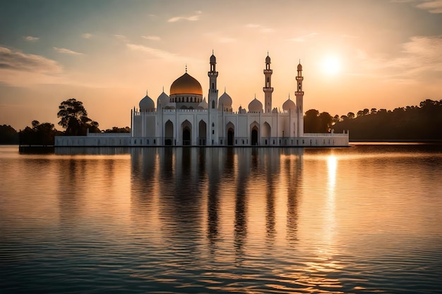 Een moskee in het midden van een meer met de zonsondergang erachter