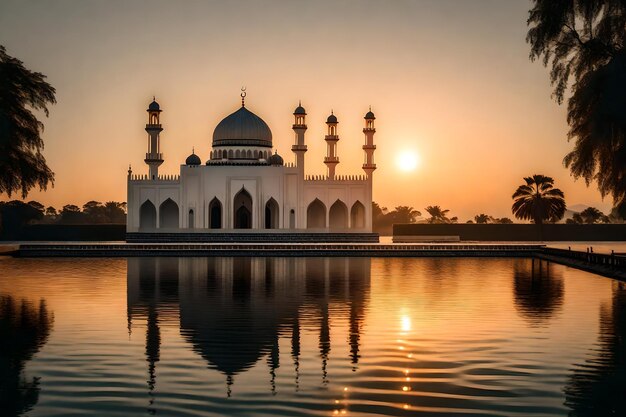 Een moskee in het midden van een meer met de zonsondergang erachter