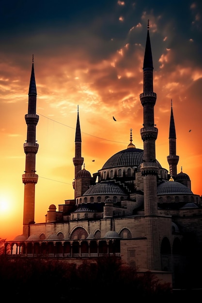 Een moskee in Istanboel bij zonsondergang met een bewolkte hemel