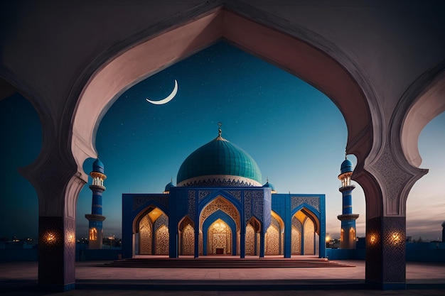 een moskee met de maan op de achtergrond