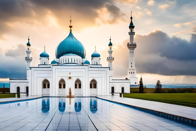 een moskee met een blauwe koepel en een bewolkte hemel.