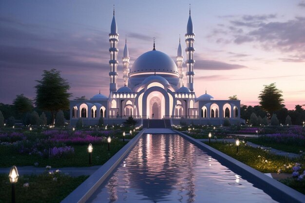 een moskee met een blauwe moskee op de achtergrond.