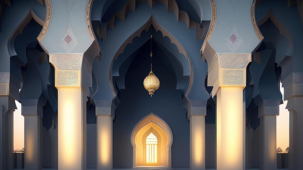 Een moskee met een lamp aan het plafond en een raam waarop 'al - adha' staat