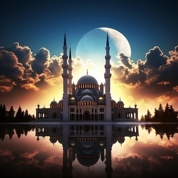 een moskee met een maan en wolken op de achtergrond.