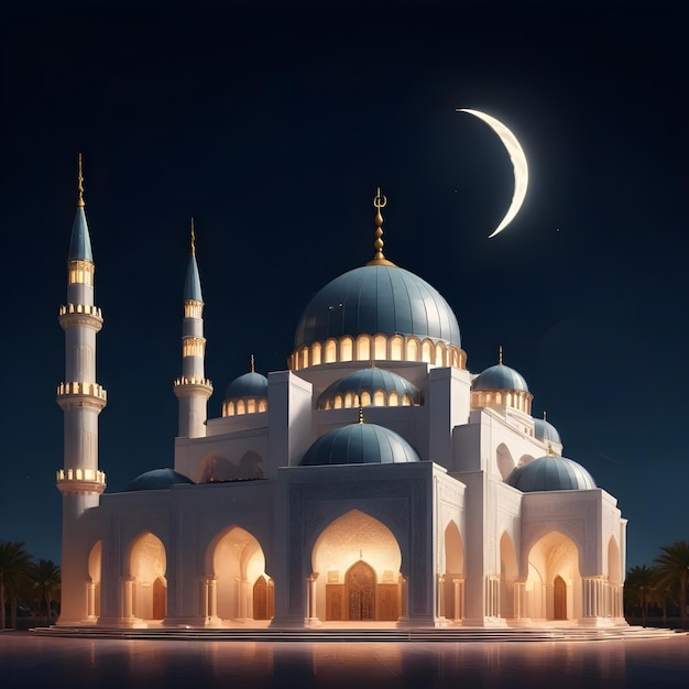 een moskee met een maan in de lucht en de maan op de achtergrond