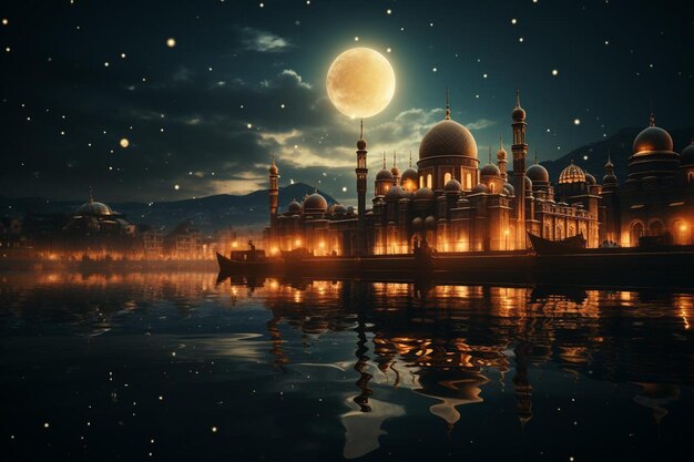 Een moskee met een maan op de achtergrond