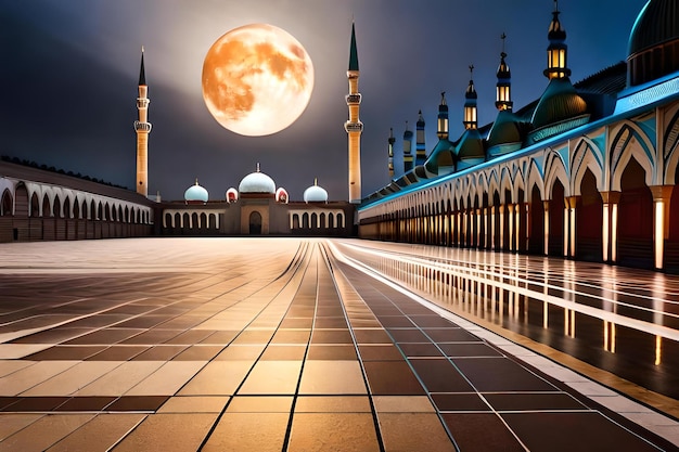 een moskee met een maan op de achtergrond