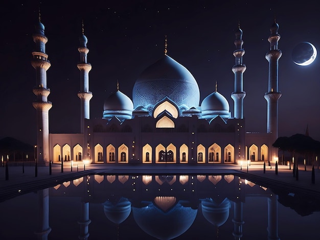 Een moskee met een nachtelijke achtergrond en de woorden 'moskee' bovenaan Generatieve Ai
