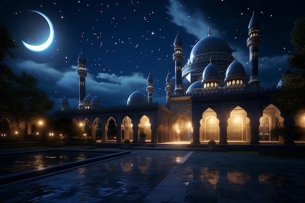 Een moskee met een volle maan op de achtergrond