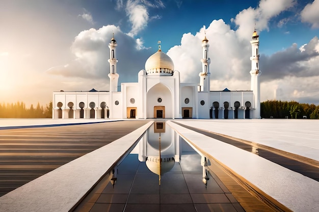 Een moskee met een weerspiegeling van de hemel en wolken.