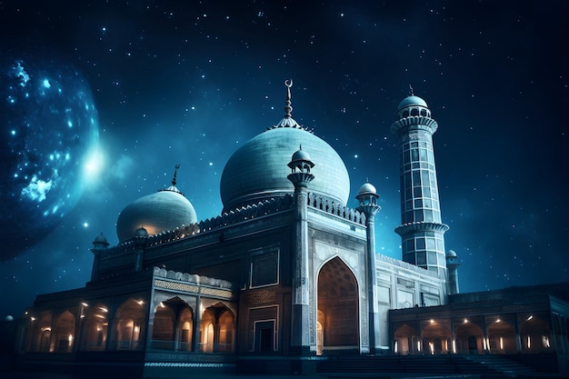Een moskee onder een sterrenhemel