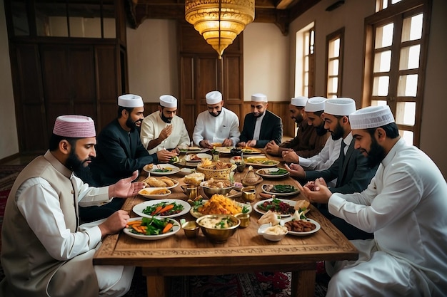 Foto een moslim zit aan een tafel omringd door anderen.