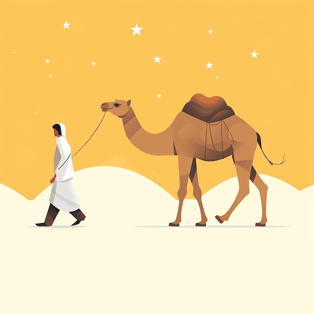 Een moslimjongen die met een kameel loopt Eid Al Adha beeld