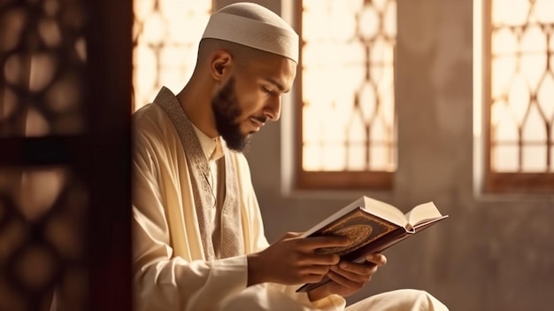 Een moslimman leest de koran vanaf de zijkant GENERATE AI