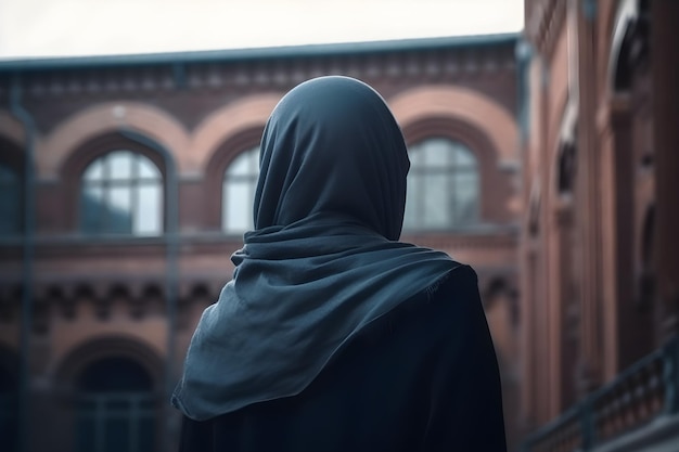 Een moslimvrouw in een zwarte niqab-outfit staat op een binnenplaats