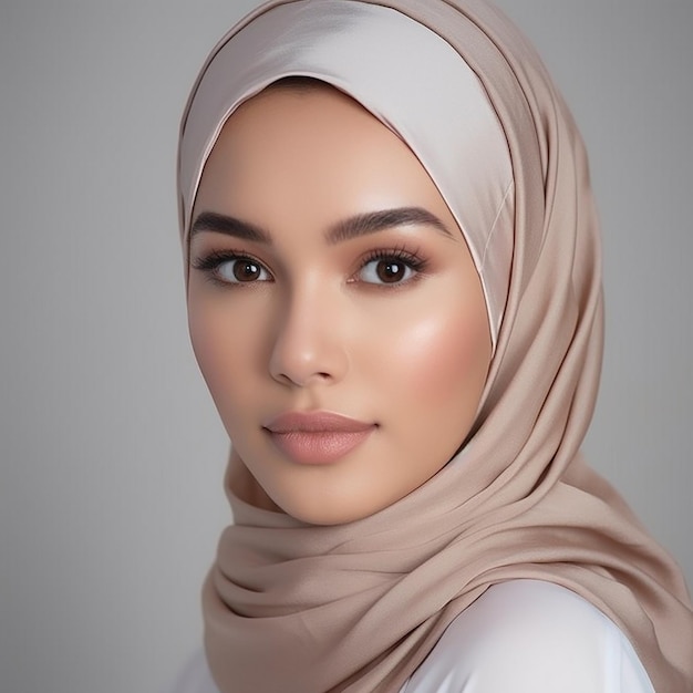 Een moslimvrouw make-upmodel advertentie huidverzorging gloeiende gezichtshuid met hijab