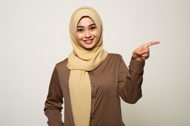 een moslimvrouw met een hijab die naar iets wijst