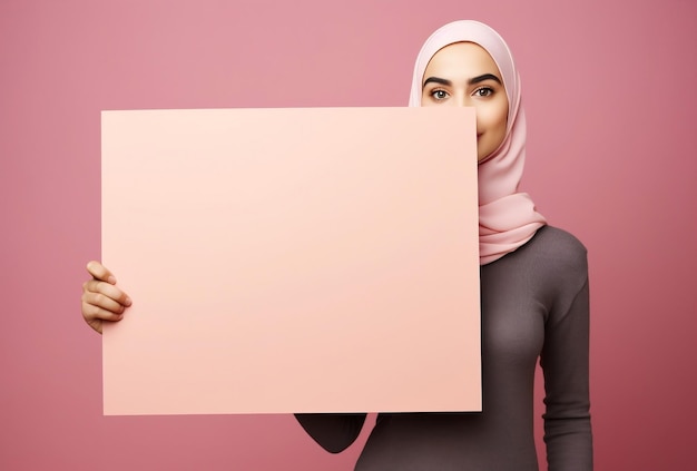 een moslimvrouw poseert als fotomodel met een leeg bord op een roze achtergrond