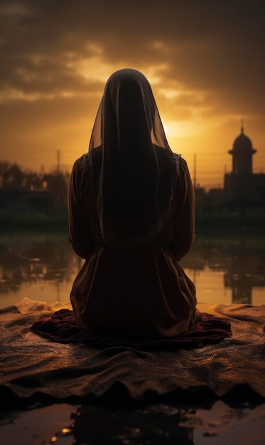 Foto een moslimvrouw terwijl ze bidt prachtige locatie foto van achter cinematic