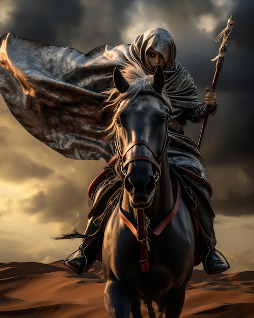 een moslimvrouwstrijder in hijab en sluier op paard in de Arabische woestijn