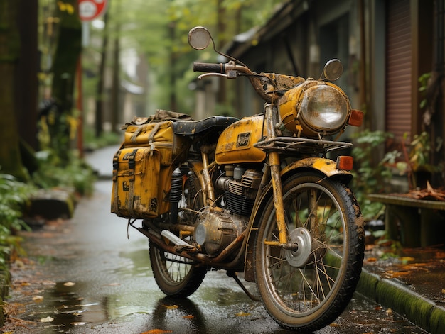 een motorfiets geparkeerd met gele koffer door een straat in japan ai gegenereerd