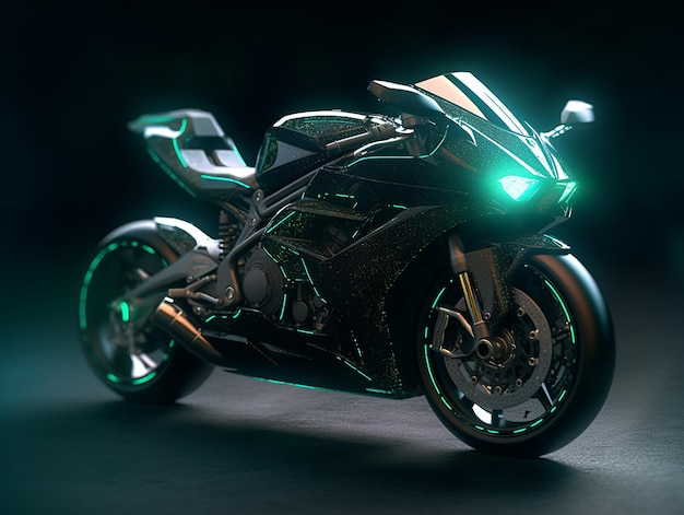 Een motorfiets met een groen licht waarop "het woord" op de zijkant staat.