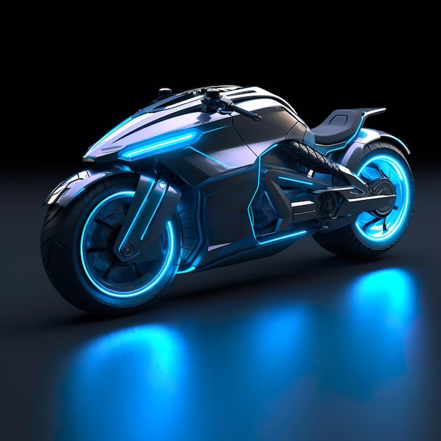Een motorfiets met neonlichten in een donkere kamer.