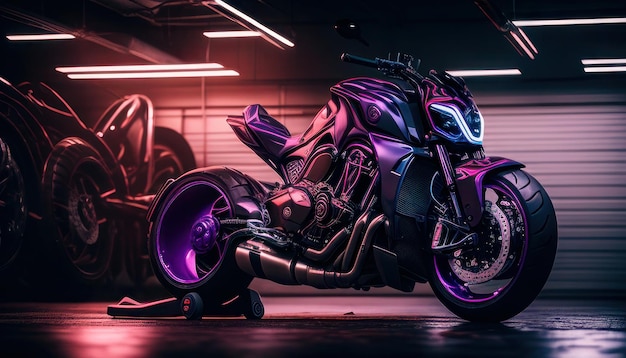 Een motorfiets met paarse lichten en een zwarte motorfiets op de achtergrond