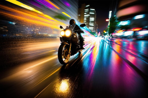 Een motorfiets rijdt op een natte weg met een wazige achtergrond.