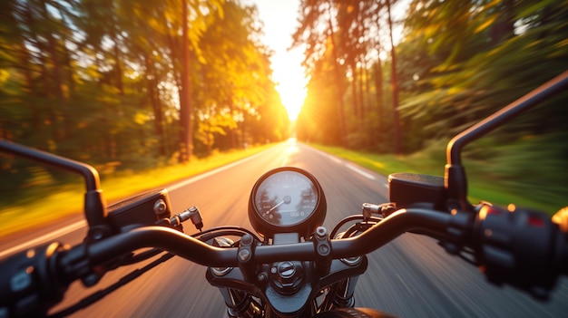 Een motorfiets snelheid op een weg tussen bomen bij zonsondergang motorrijders uitzicht