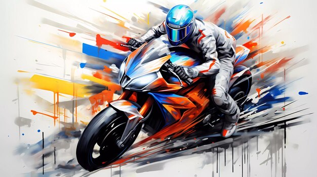 Een motorrijder rijdt achter het stuur van een sportmotorfiets in graffitistijl