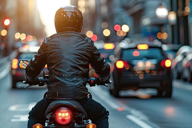 Foto een motorrijder rijdt door de stad op een zwarte motor.