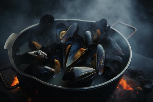 Een moules a la mariniere zwart in de pan op vuur foto