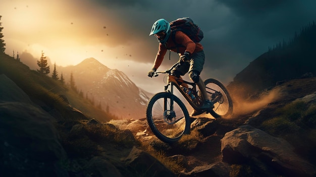 Een mountainbiker navigeert door een uitdagend parcours