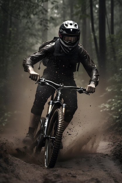 Een mountainbiker rijdt door het bos met onderaan het woord fiets.