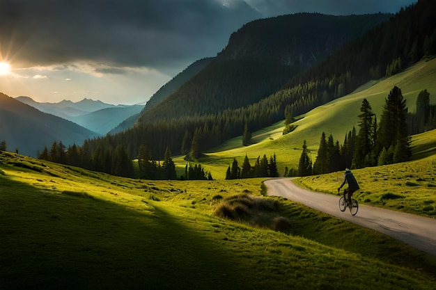 een mountainbiker rijdt een parcours door een vallei met op de achtergrond een berglandschap.