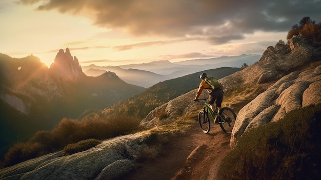 Een mountainbiker rijdt op een mountainbike in de bergengeneratieve ai