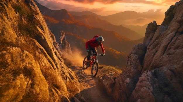 Een mountainbiker rijdt op een mountainbike in de bergengeneratieve ai