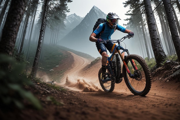 Een mountainbiker rijdt over een onverharde weg in het bos