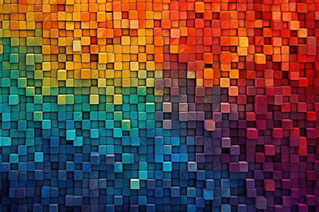 Een mozaïekachtige compositie van kleine kleurrijke kubussen die een abstract geometrisch patroon creëren