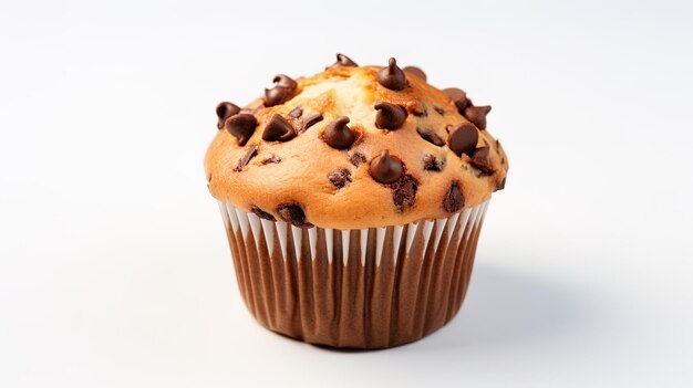 een muffin met chocolade chips erop zit op een witte achtergrond