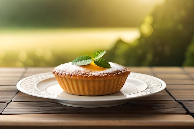 Een muffin met een groen blaadje erop.