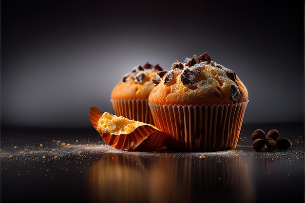 Een muffin met stukjes chocolade erop