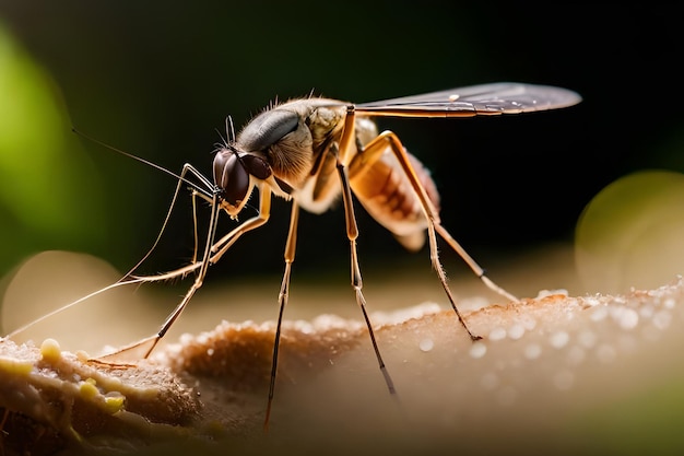 Een mug met lange poten en lange poten zit op een stuk eten.